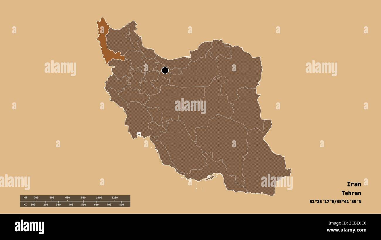 Desaturated shape of Iran with its capital, main regional division and the separated West Azarbaijan area. Labels. Composition of patterned textures. Stock Photo