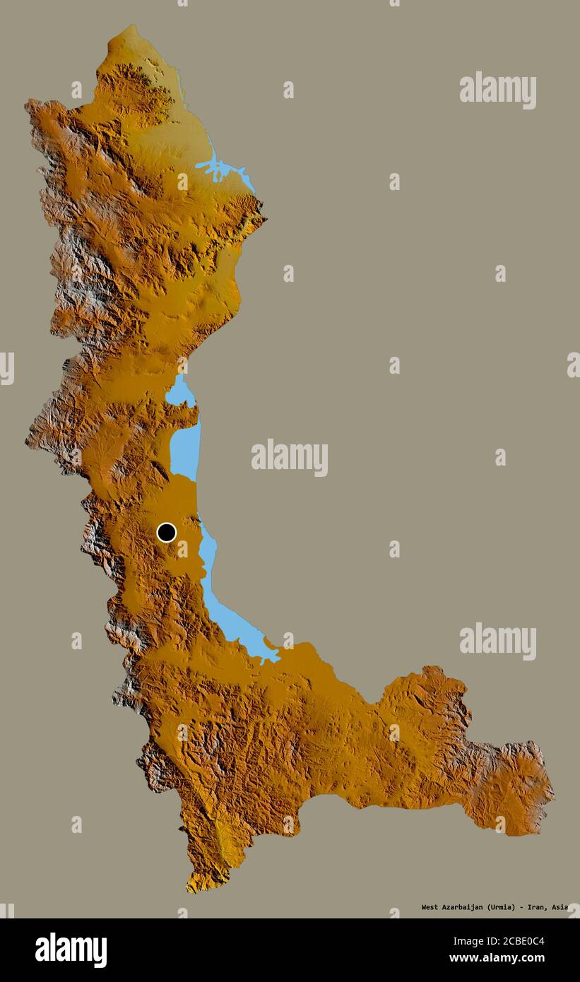 Shape of West Azarbaijan, province of Iran, with its capital isolated on a solid color background. Topographic relief map. 3D rendering Stock Photo