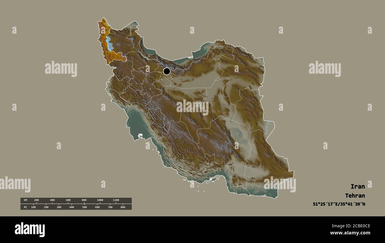 Desaturated shape of Iran with its capital, main regional division and the separated West Azarbaijan area. Labels. Topographic relief map. 3D renderin Stock Photo