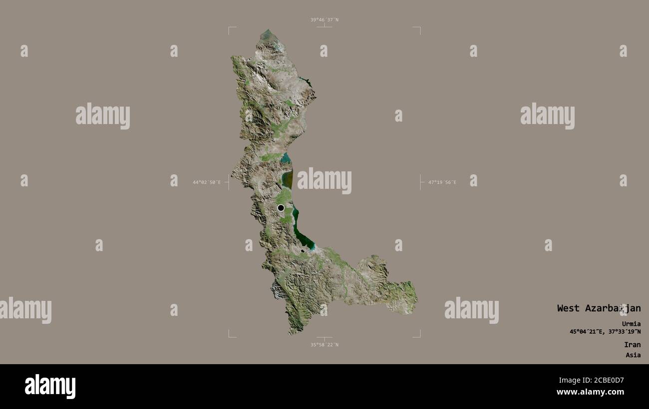 Area of West Azarbaijan, province of Iran, isolated on a solid background in a georeferenced bounding box. Labels. Satellite imagery. 3D rendering Stock Photo