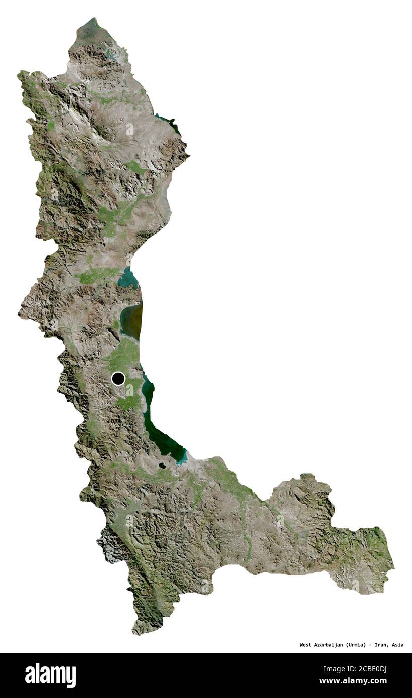 Shape of West Azarbaijan, province of Iran, with its capital isolated on white background. Satellite imagery. 3D rendering Stock Photo