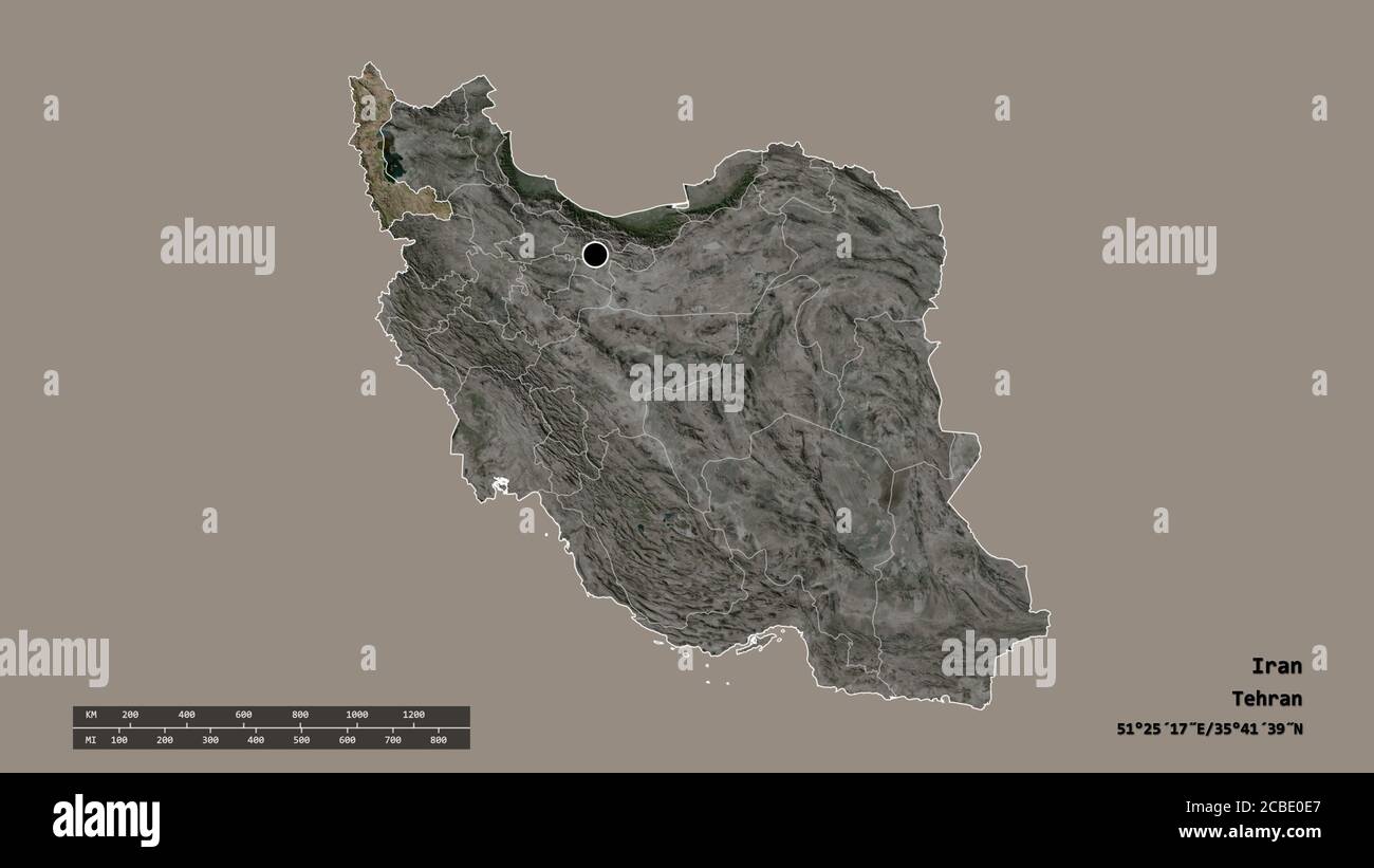 Desaturated shape of Iran with its capital, main regional division and the separated West Azarbaijan area. Labels. Satellite imagery. 3D rendering Stock Photo