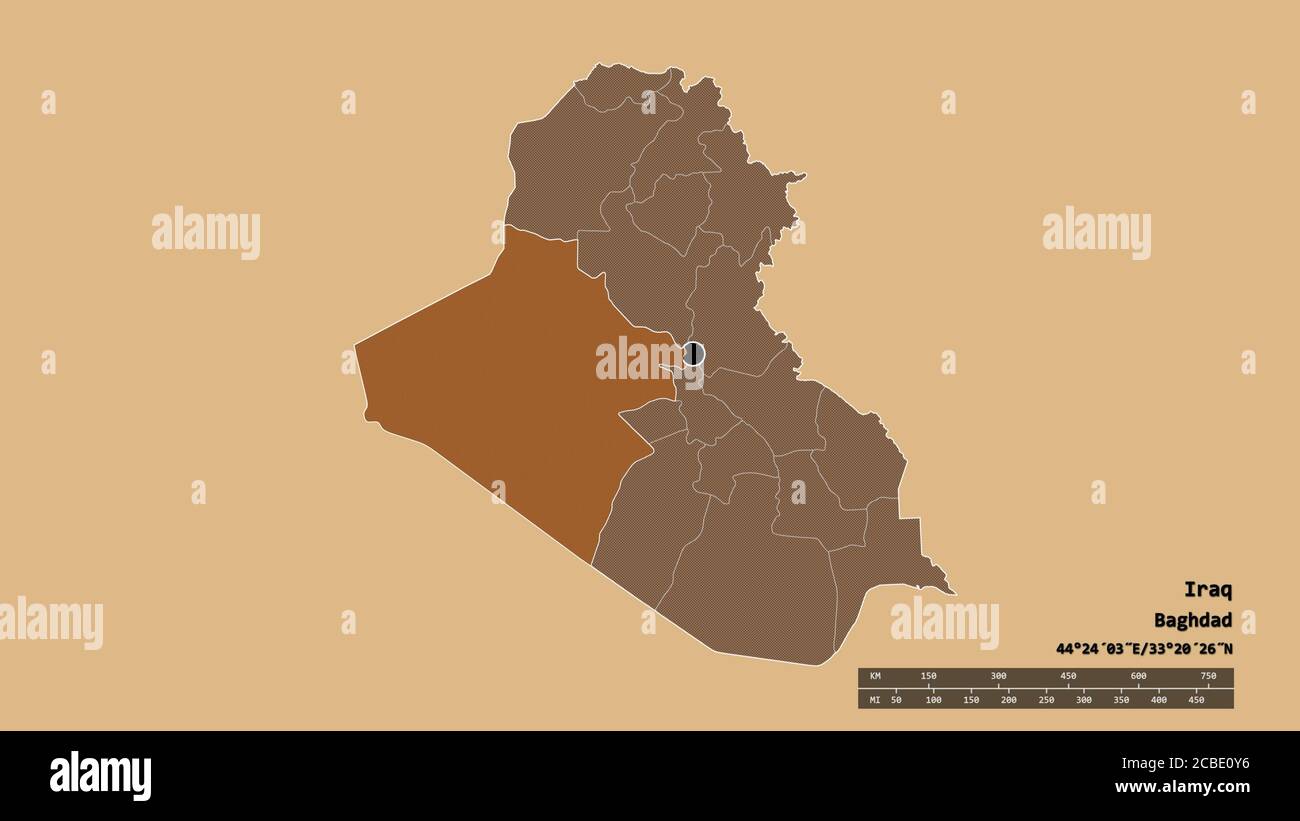 Iraq Textures Desaturated shape of Iraq with its capital, main regional division and ...