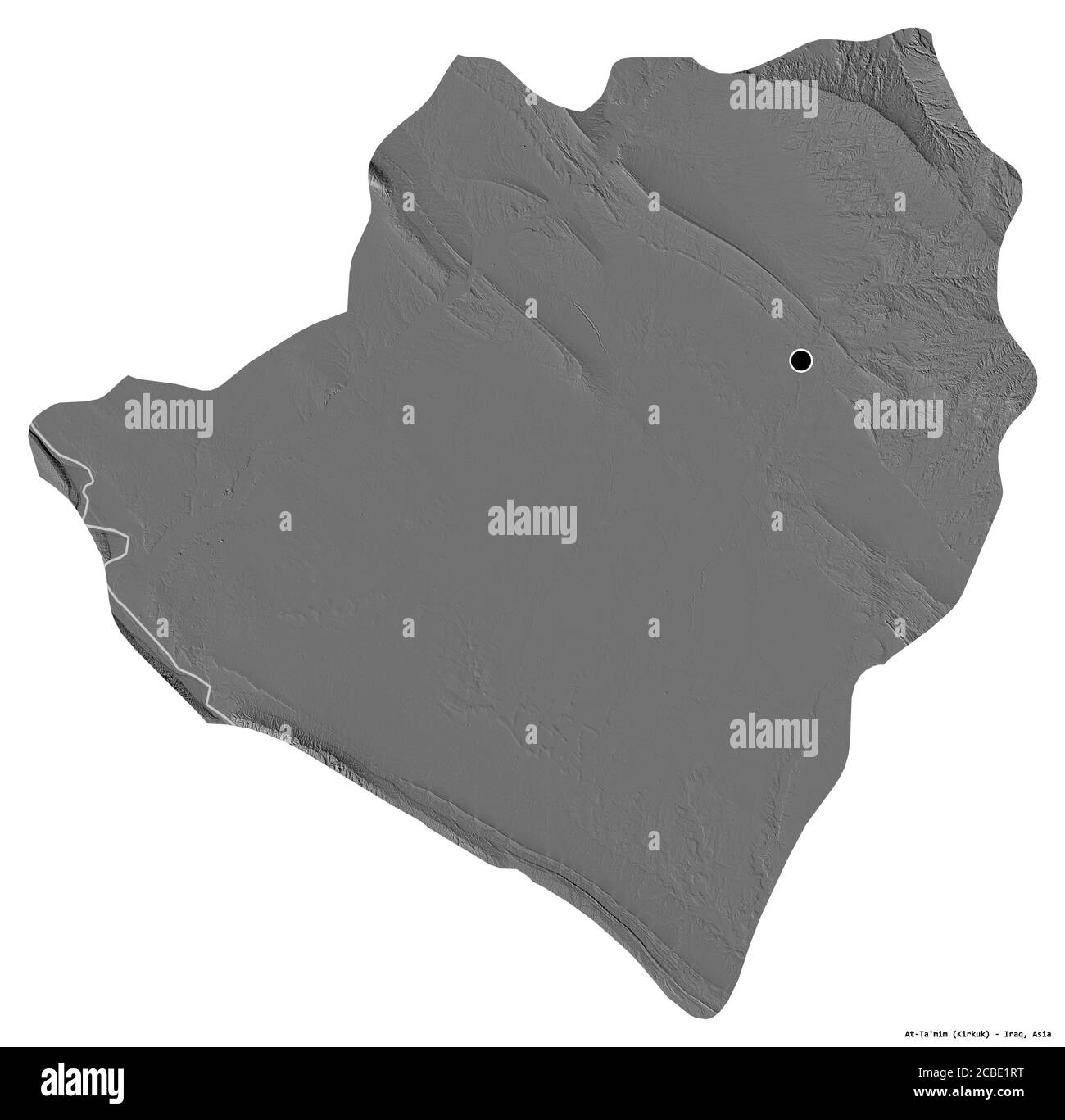 Shape of At-Ta'mim, province of Iraq, with its capital isolated on white background. Bilevel elevation map. 3D rendering Stock Photo