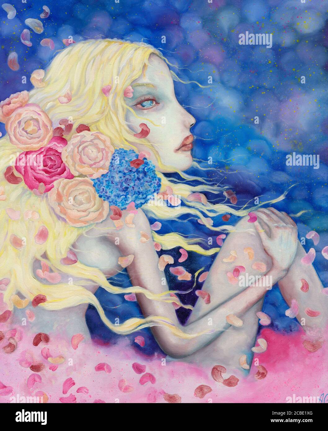 Painting of a beautiful girl with flowers in her hair Stock Photo - Alamy