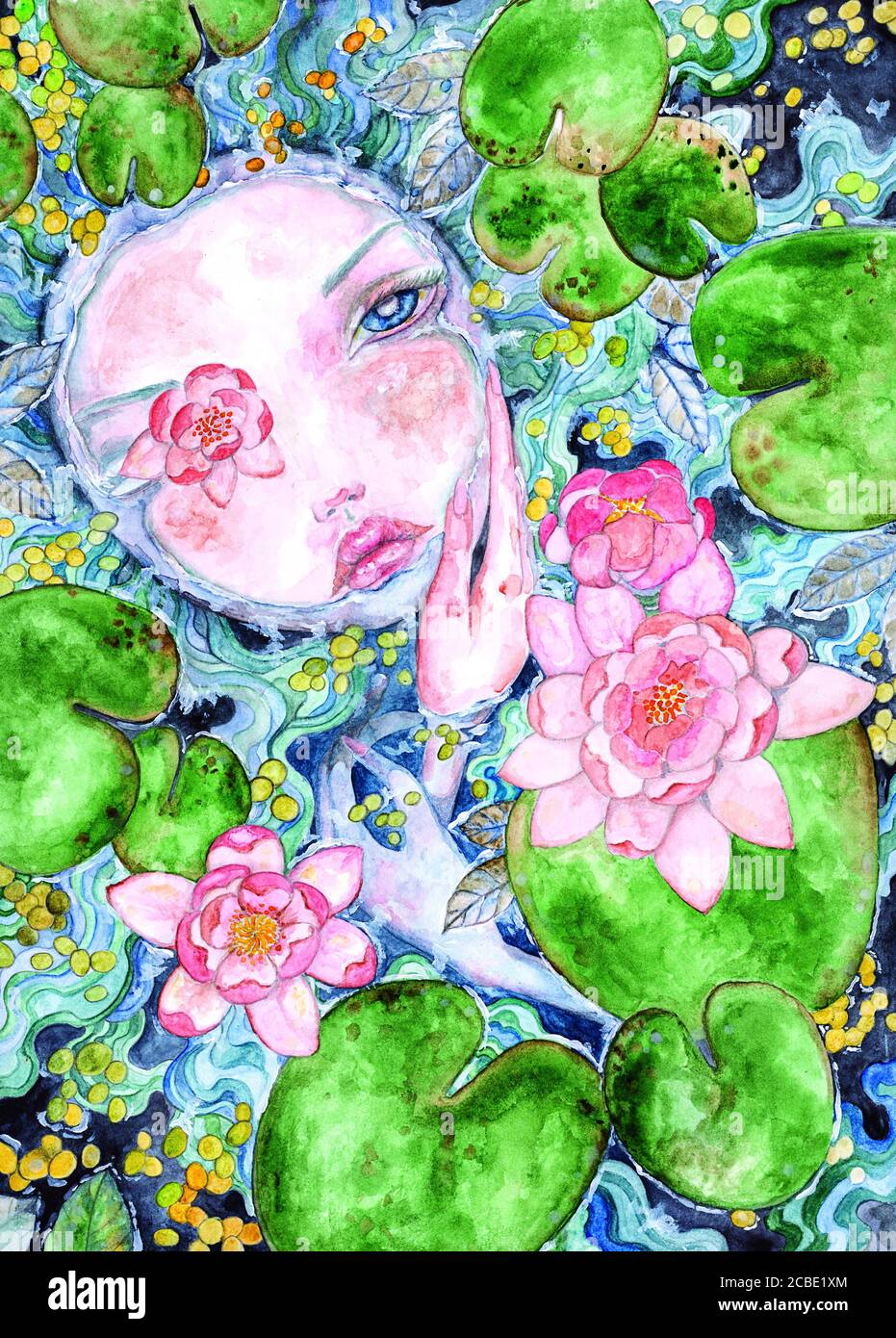 Painting Of A Beautiful Girl In Water With Lotus Flowers And Leaves In It Stock Photo Alamy