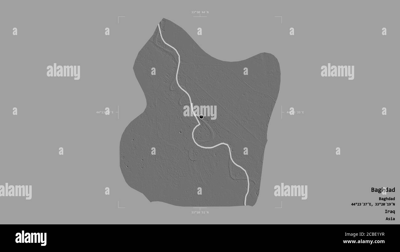 Area of Baghdad, province of Iraq, isolated on a solid background in a georeferenced bounding box. Labels. Bilevel elevation map. 3D rendering Stock Photo