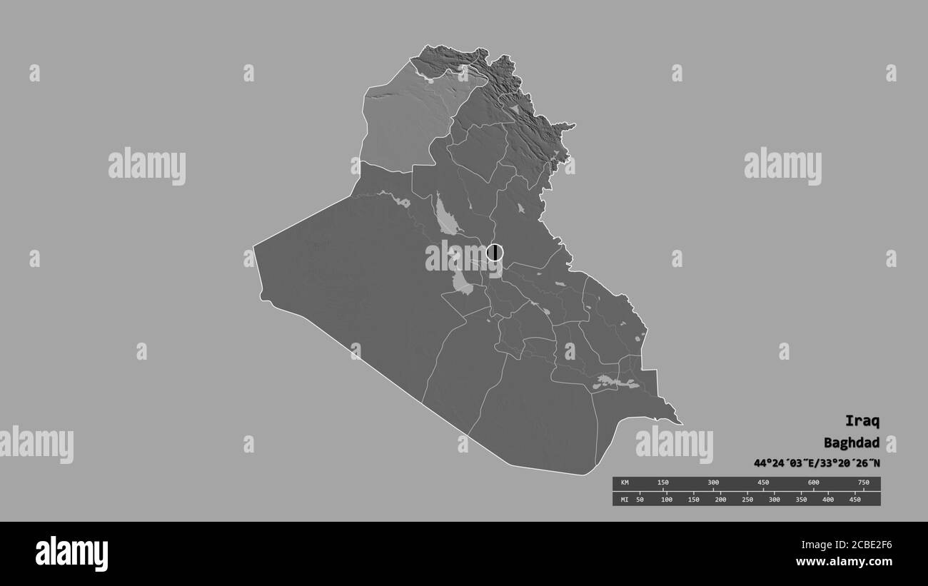 Desaturated shape of Iraq with its capital, main regional division and the separated Ninawa area. Labels. Bilevel elevation map. 3D rendering Stock Photo