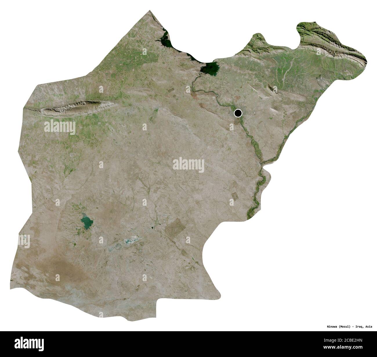 Shape of Ninawa, province of Iraq, with its capital isolated on white background. Satellite imagery. 3D rendering Stock Photo