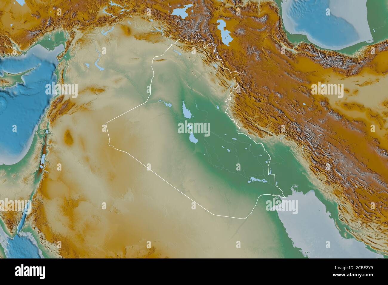 Extended area of outlined Iraq. Topographic relief map. 3D rendering