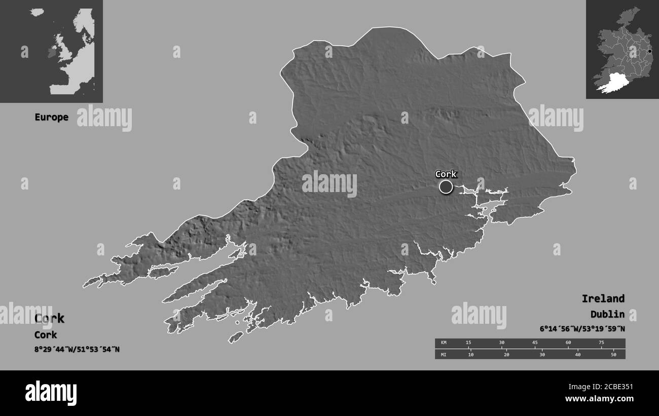 Shape of Cork, county of Ireland, and its capital. Distance scale