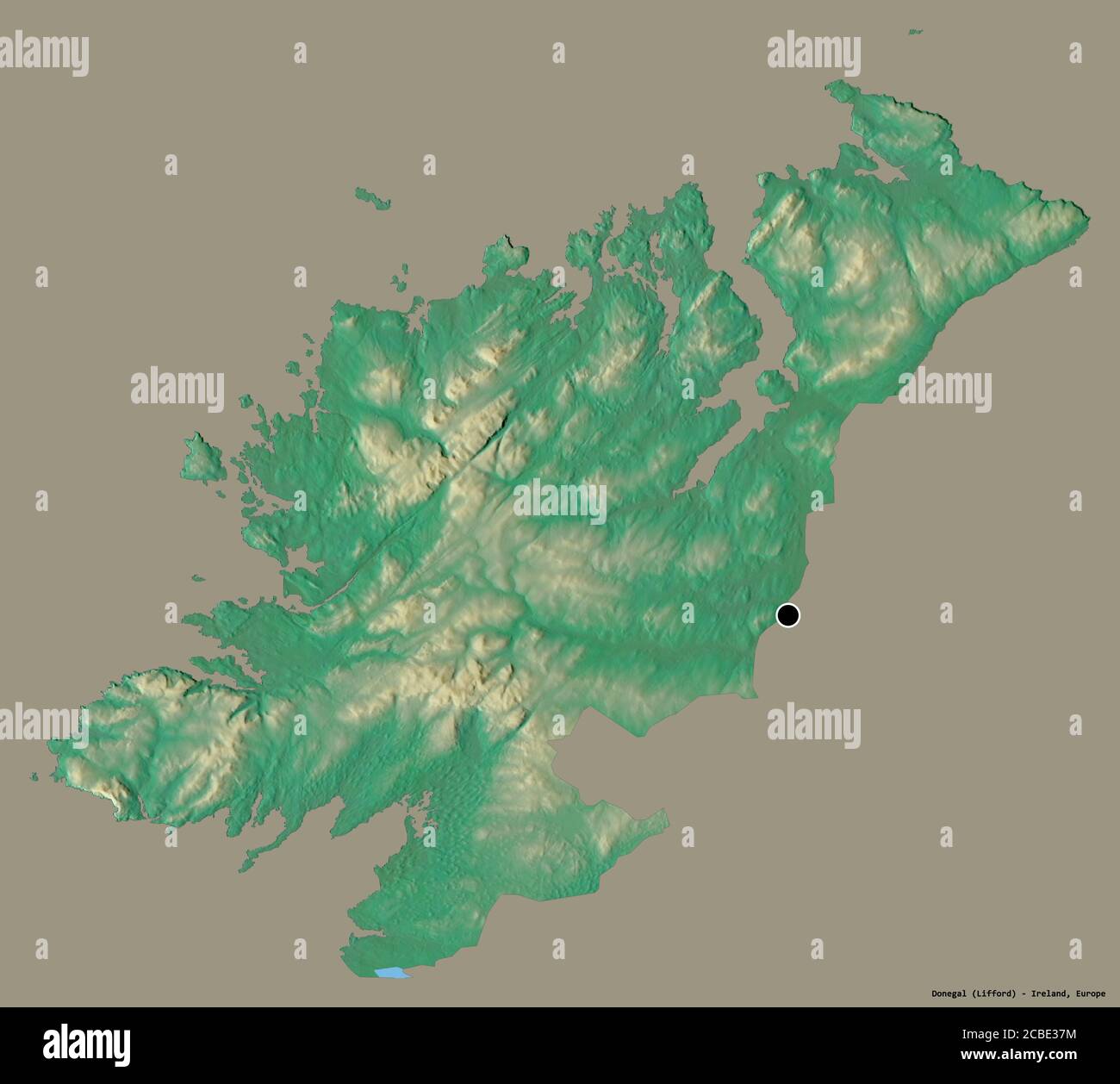 Shape of Donegal, county of Ireland, with its capital isolated on a solid color background. Topographic relief map. 3D rendering Stock Photo