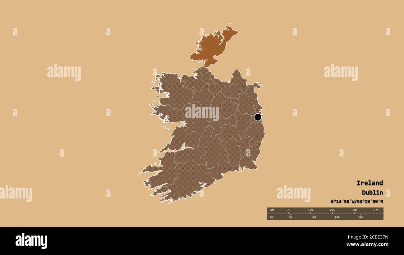 Desaturated shape of Ireland with its capital, main regional division and the separated Donegal area. Labels. Composition of patterned textures. 3D re Stock Photo