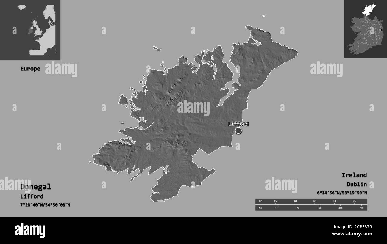 Shape of Donegal, county of Ireland, and its capital. Distance scale, previews and labels. Bilevel elevation map. 3D rendering Stock Photo
