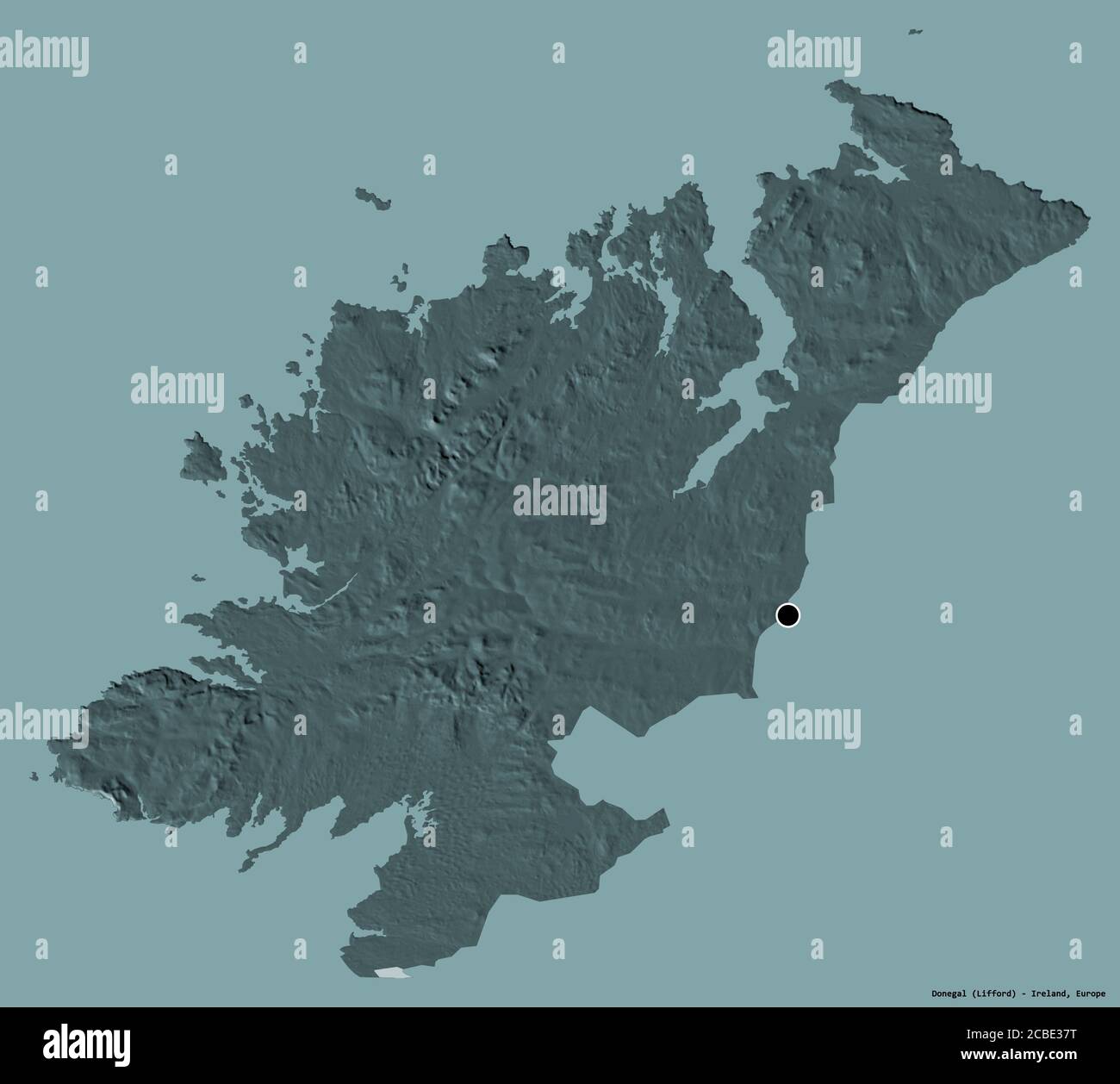 Shape of Donegal, county of Ireland, with its capital isolated on a solid color background. Colored elevation map. 3D rendering Stock Photo