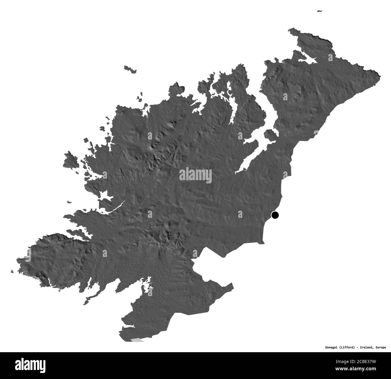 Shape of Donegal, county of Ireland, with its capital isolated on white background. Bilevel elevation map. 3D rendering Stock Photo