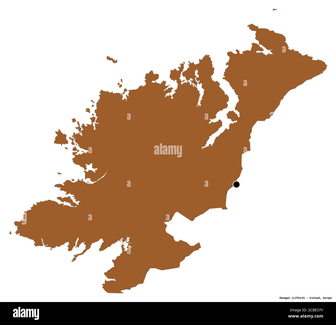 Shape of Donegal, county of Ireland, with its capital isolated on white background. Composition of patterned textures. 3D rendering Stock Photo