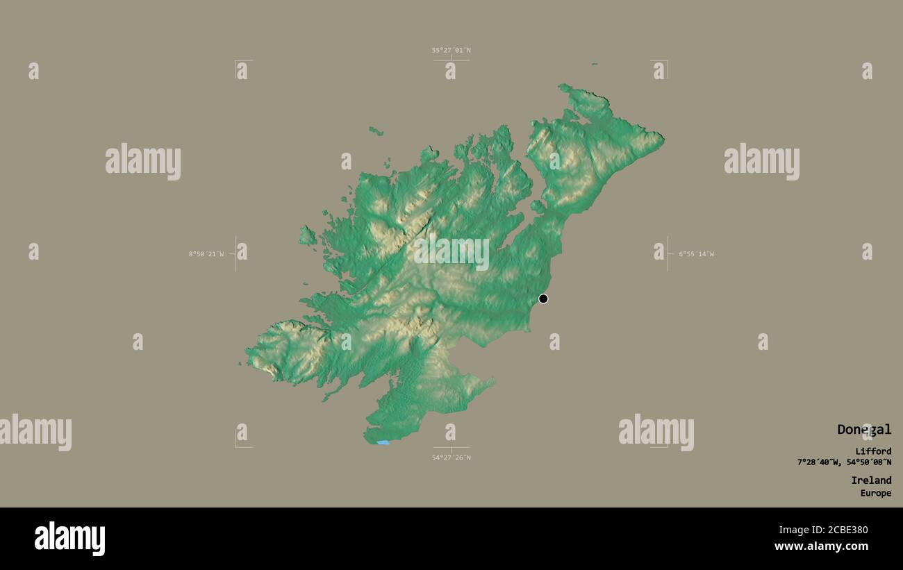 Area of Donegal, county of Ireland, isolated on a solid background in a georeferenced bounding box. Labels. Topographic relief map. 3D rendering Stock Photo