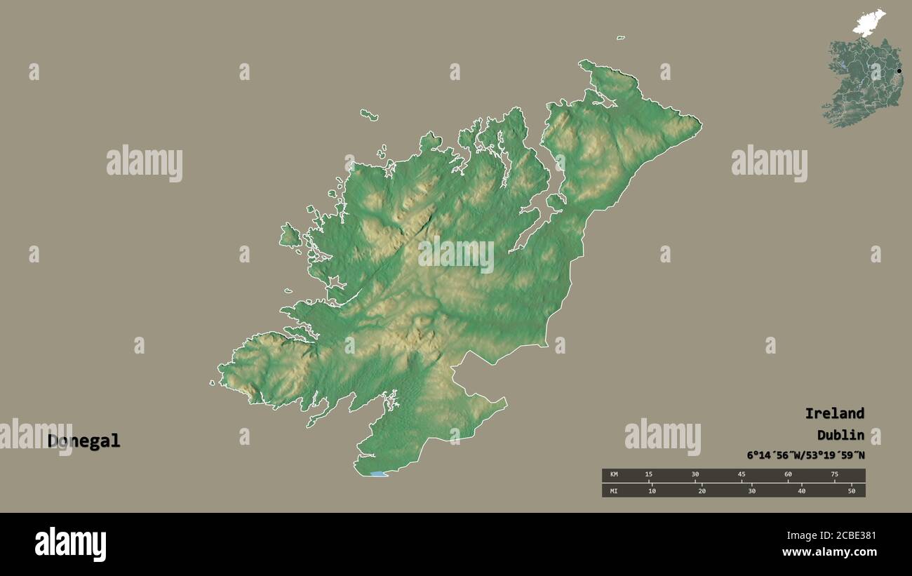 Shape of Donegal, county of Ireland, with its capital isolated on solid background. Distance scale, region preview and labels. Topographic relief map. Stock Photo