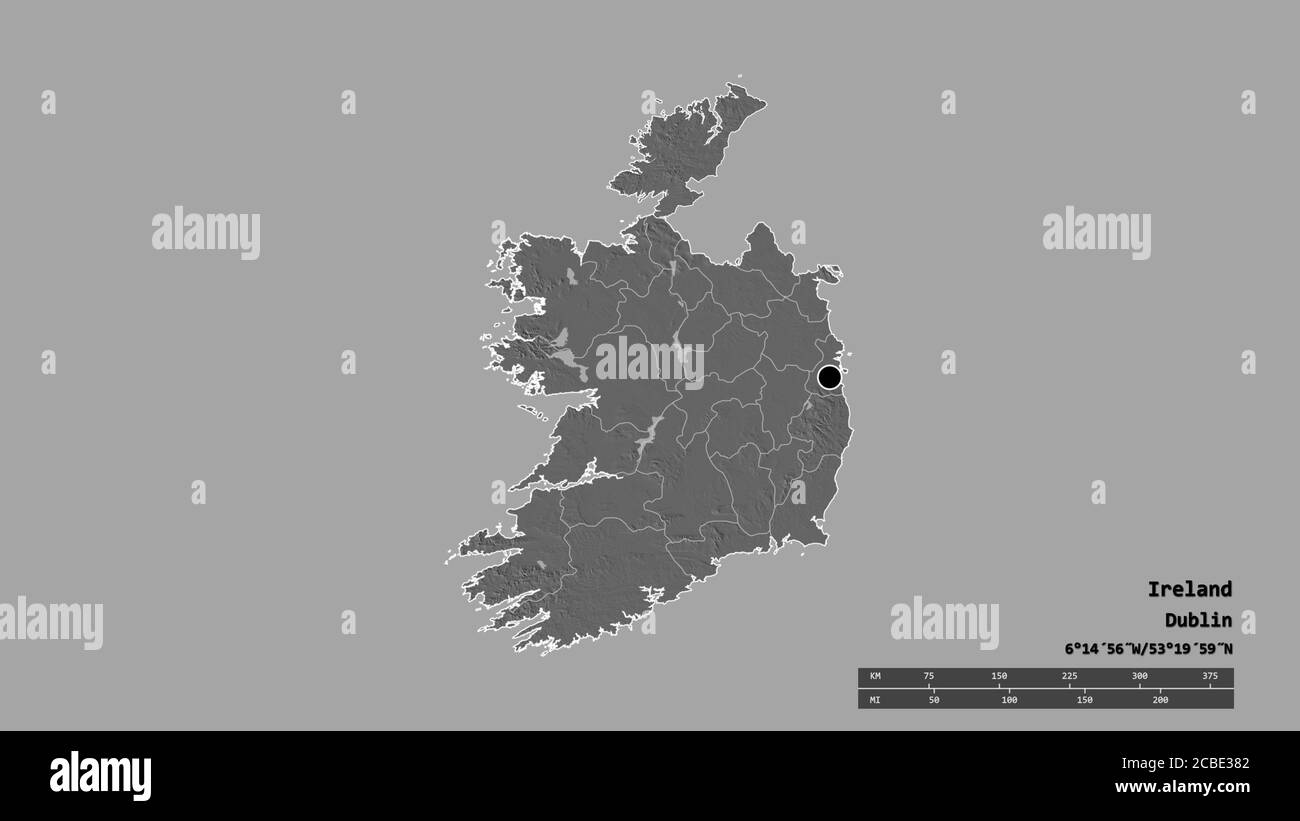 Desaturated shape of Ireland with its capital, main regional division and the separated Donegal area. Labels. Bilevel elevation map. 3D rendering Stock Photo