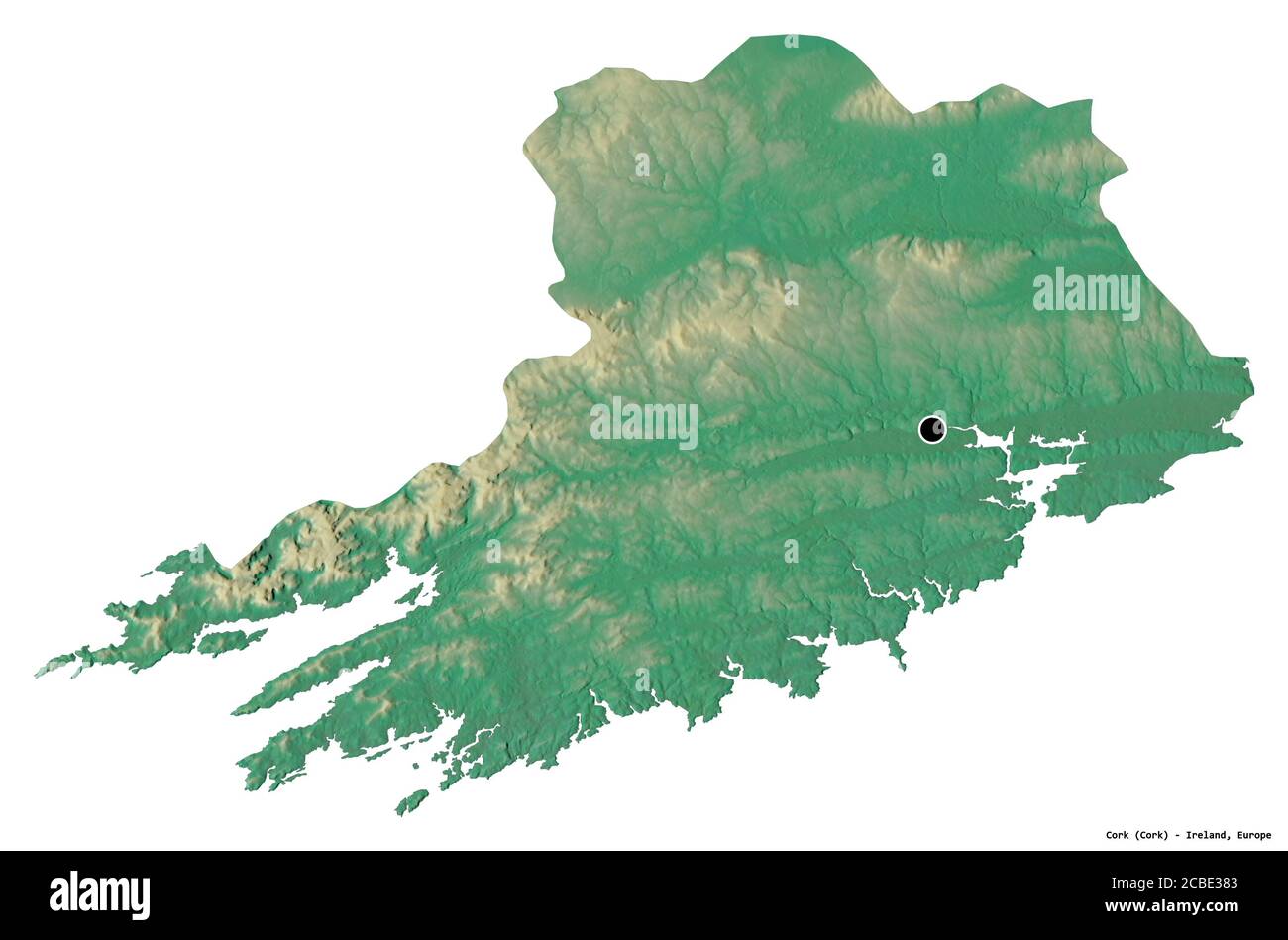 Shape of Cork, county of Ireland, with its capital isolated on white