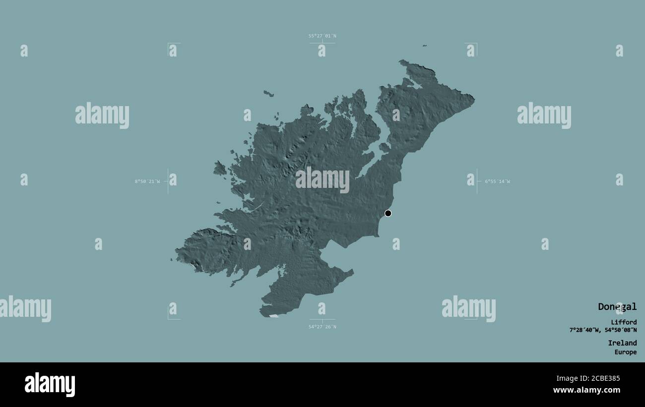 Area of Donegal, county of Ireland, isolated on a solid background in a georeferenced bounding box. Labels. Colored elevation map. 3D rendering Stock Photo