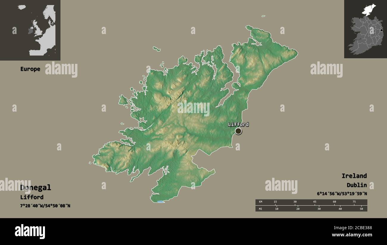 Shape of Donegal, county of Ireland, and its capital. Distance scale, previews and labels. Topographic relief map. 3D rendering Stock Photo