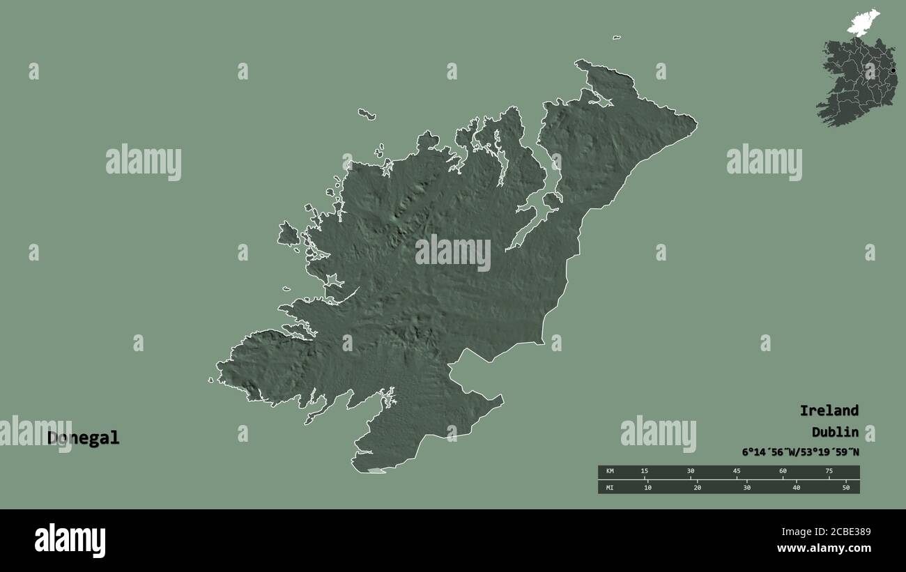 Shape of Donegal, county of Ireland, with its capital isolated on solid background. Distance scale, region preview and labels. Colored elevation map. Stock Photo