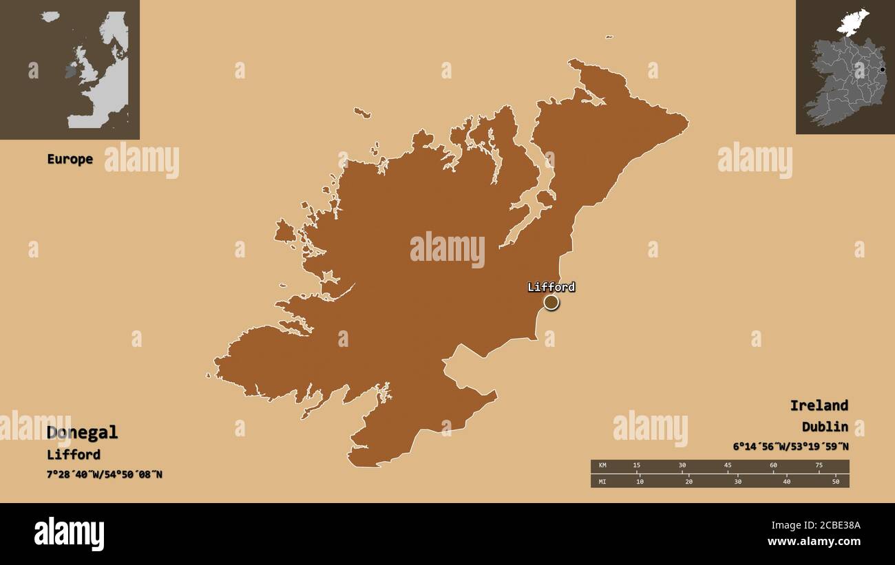 Shape of Donegal, county of Ireland, and its capital. Distance scale, previews and labels. Composition of patterned textures. 3D rendering Stock Photo