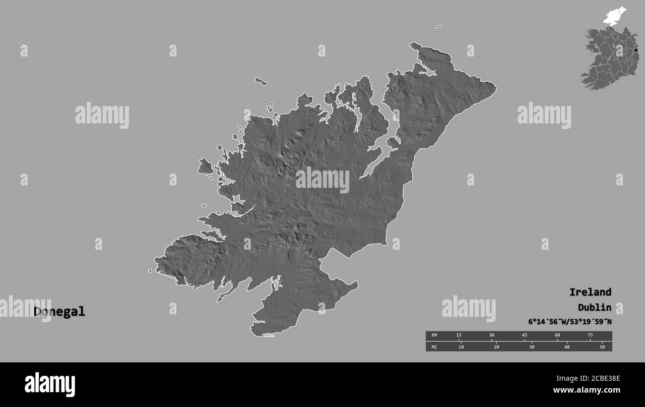 Shape of Donegal, county of Ireland, with its capital isolated on solid background. Distance scale, region preview and labels. Bilevel elevation map. Stock Photo