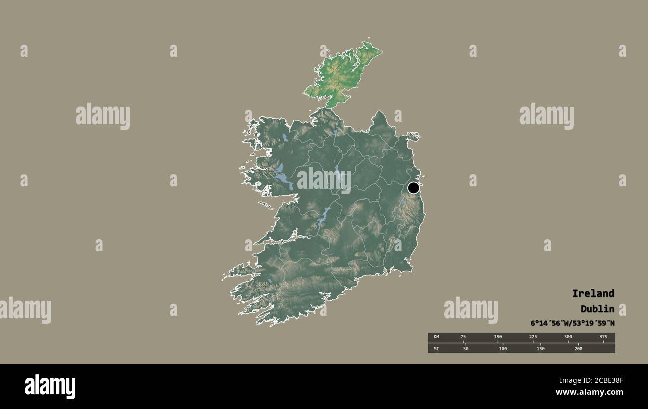 Desaturated shape of Ireland with its capital, main regional division and the separated Donegal area. Labels. Topographic relief map. 3D rendering Stock Photo