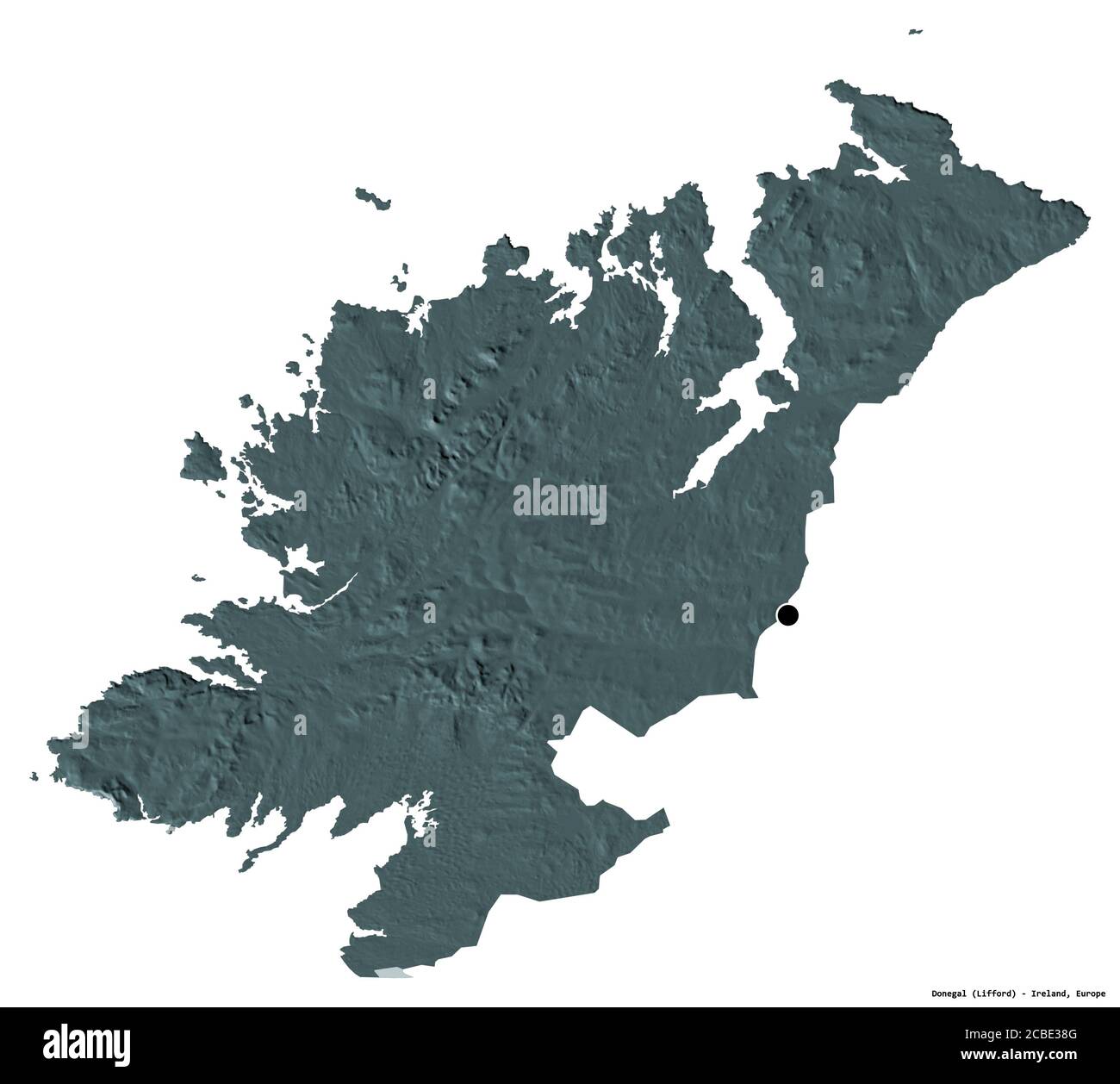Shape of Donegal, county of Ireland, with its capital isolated on white background. Colored elevation map. 3D rendering Stock Photo