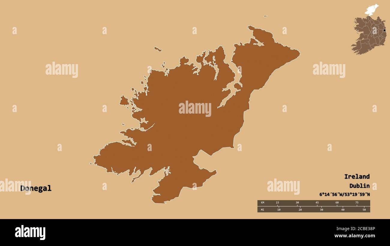 Shape of Donegal, county of Ireland, with its capital isolated on solid background. Distance scale, region preview and labels. Composition of patterne Stock Photo