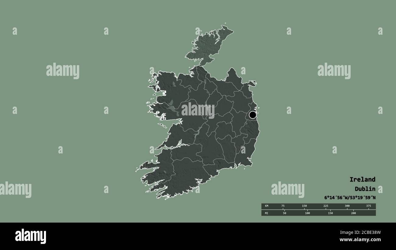 Desaturated shape of Ireland with its capital, main regional division and the separated Donegal area. Labels. Colored elevation map. 3D rendering Stock Photo