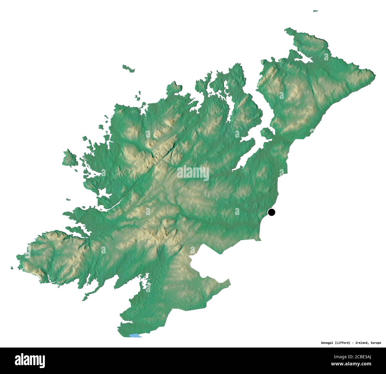 Shape of Donegal, county of Ireland, with its capital isolated on white background. Topographic relief map. 3D rendering Stock Photo