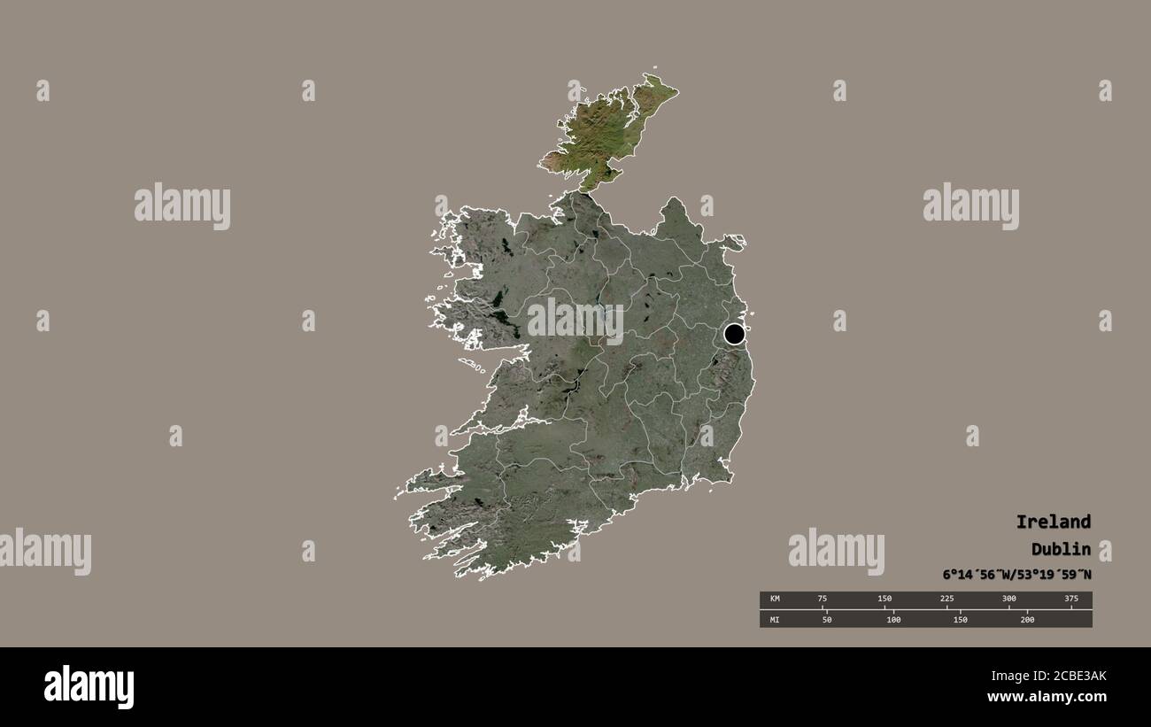 Desaturated shape of Ireland with its capital, main regional division and the separated Donegal area. Labels. Satellite imagery. 3D rendering Stock Photo