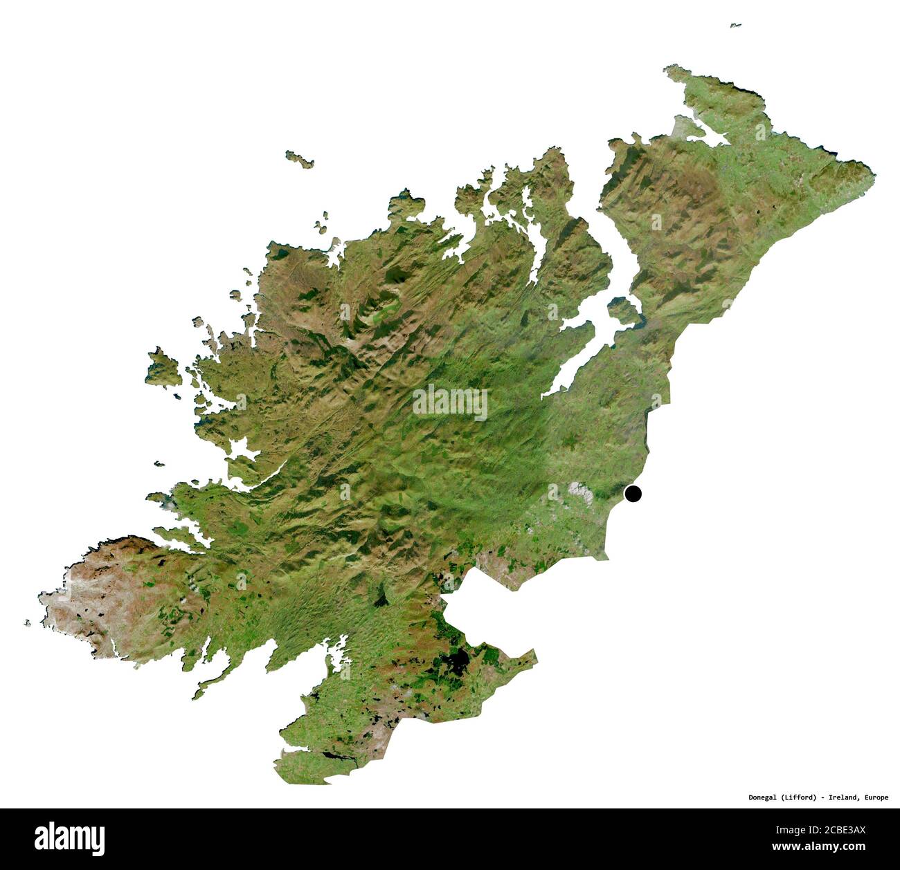 Shape of Donegal, county of Ireland, with its capital isolated on white background. Satellite imagery. 3D rendering Stock Photo