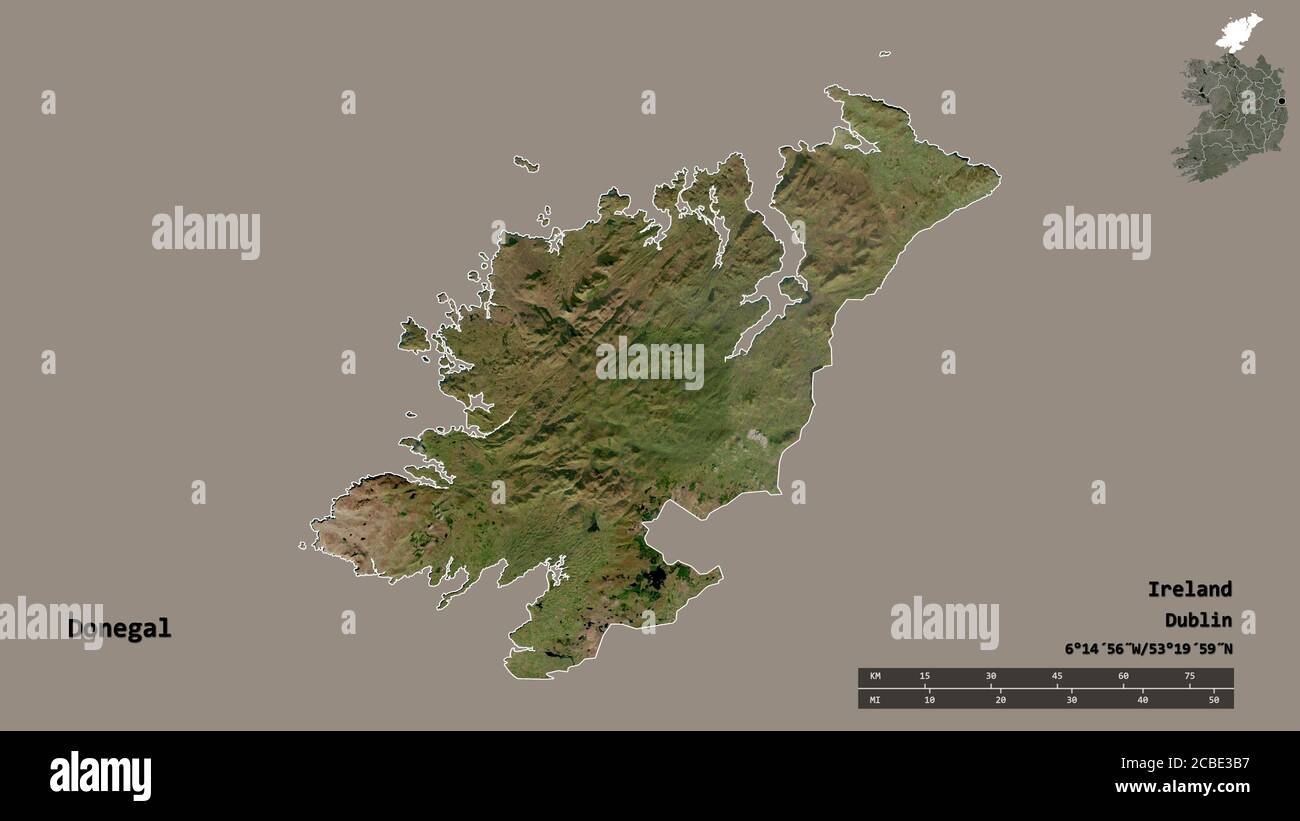 Shape of Donegal, county of Ireland, with its capital isolated on solid background. Distance scale, region preview and labels. Satellite imagery. 3D r Stock Photo