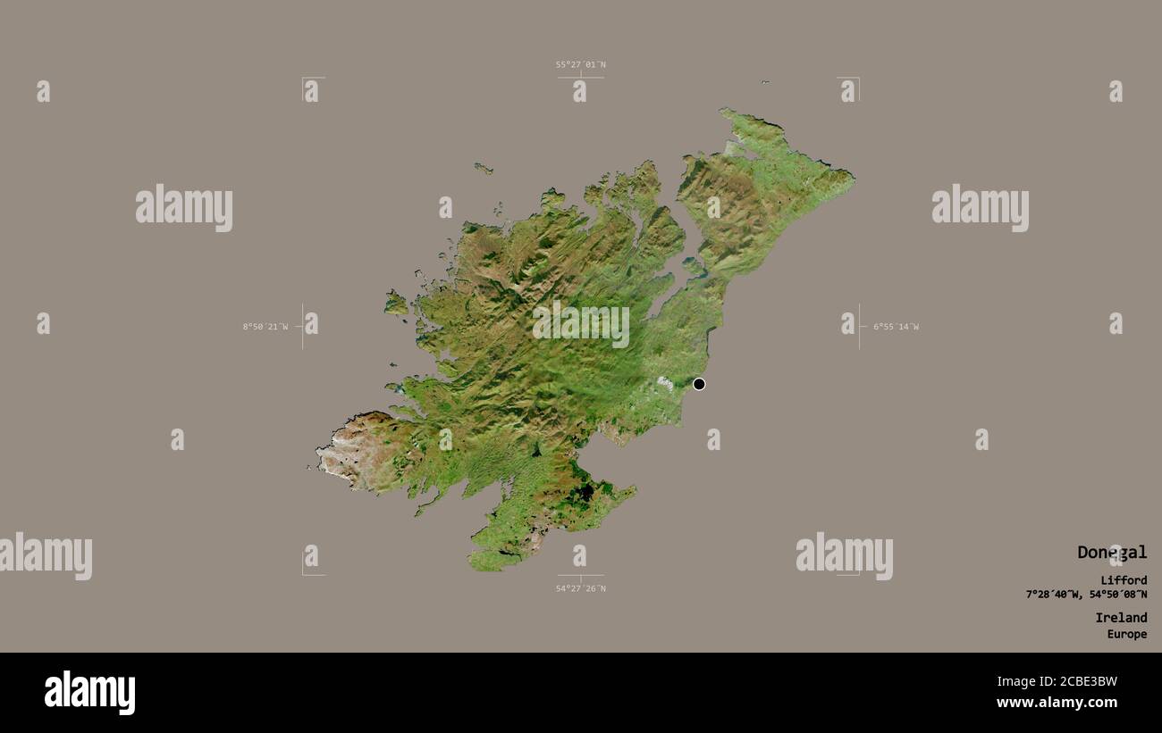 Area of Donegal, county of Ireland, isolated on a solid background in a georeferenced bounding box. Labels. Satellite imagery. 3D rendering Stock Photo