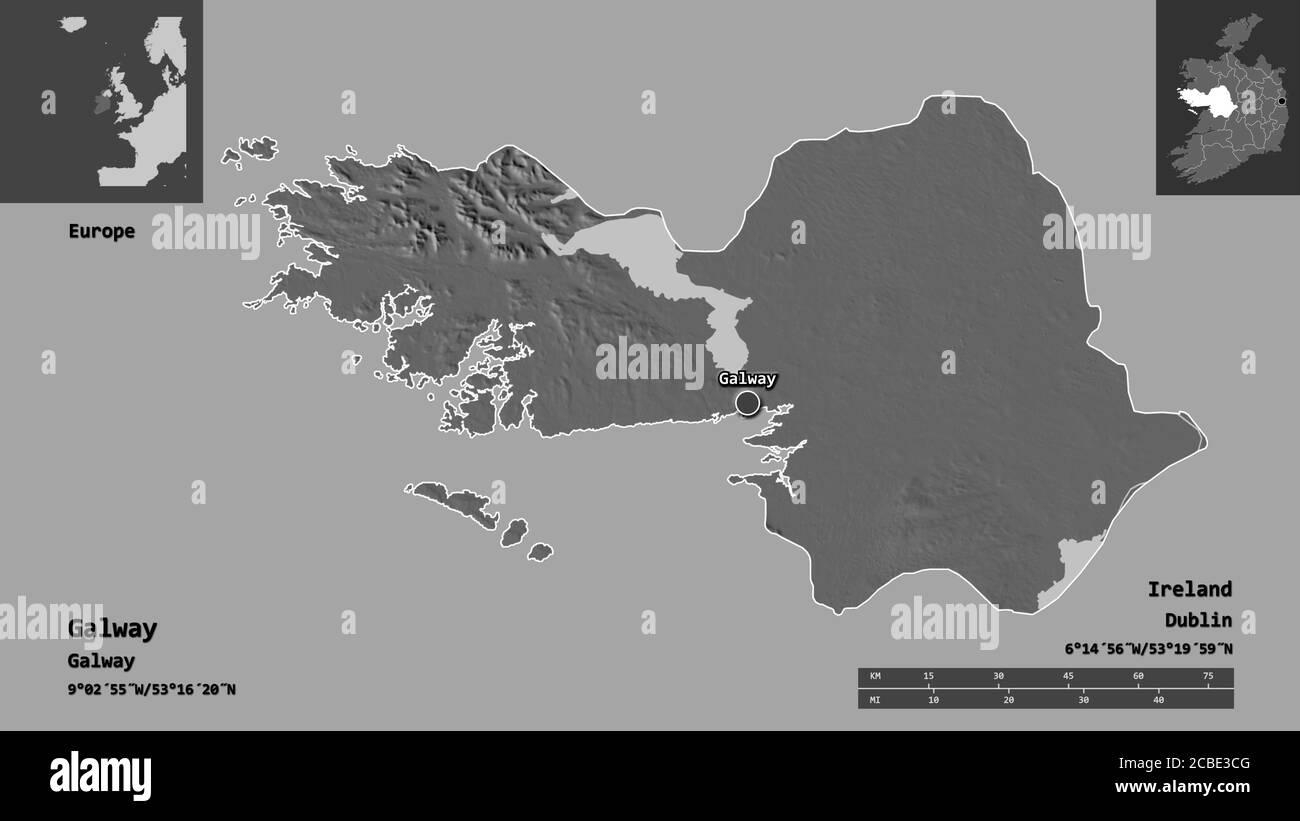 Shape of Galway, county of Ireland, and its capital. Distance scale, previews and labels