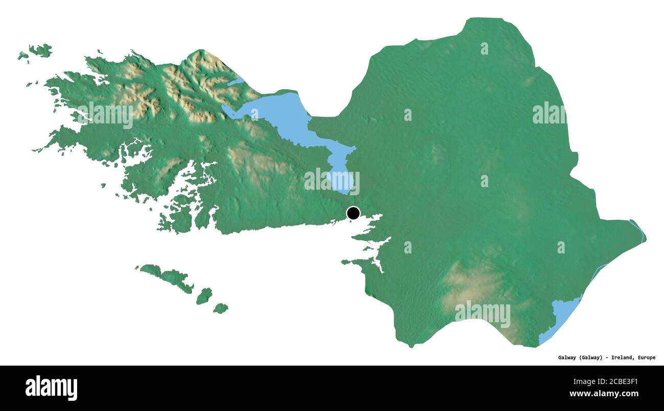 Shape of Galway, county of Ireland, with its capital isolated on white background. Topographic