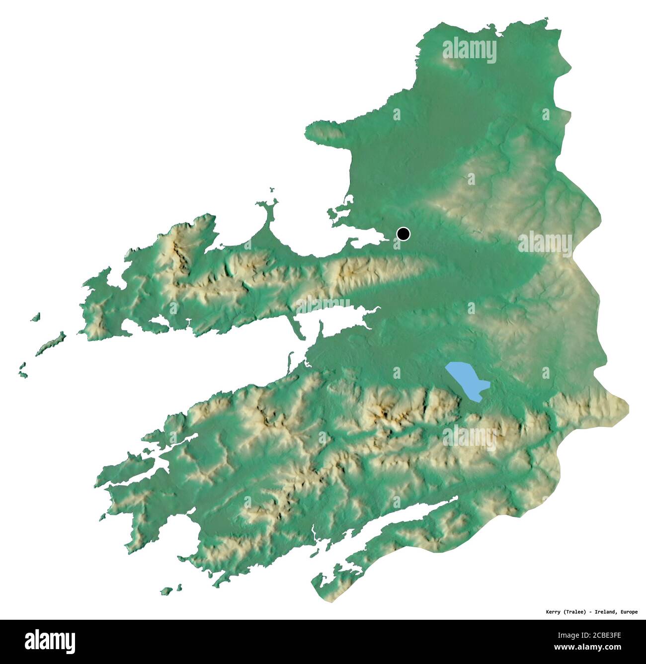 Shape of Kerry, county of Ireland, with its capital isolated on white background. Topographic