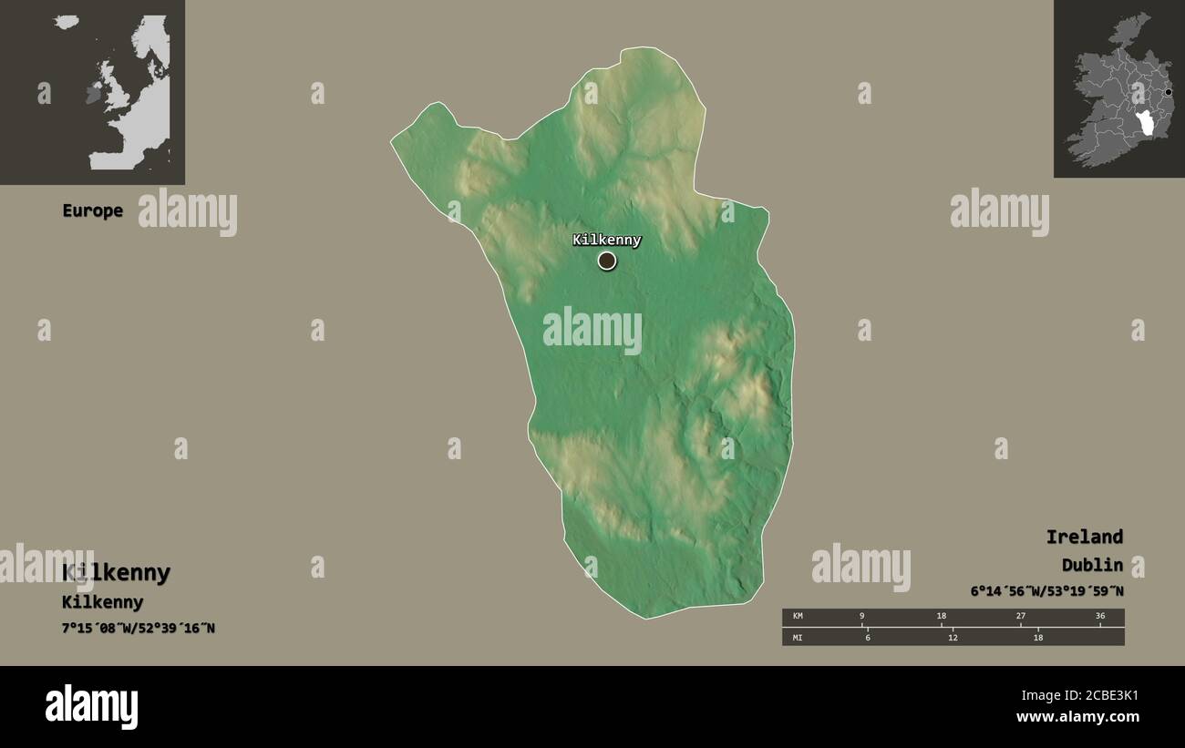 Shape of Kilkenny, county of Ireland, and its capital. Distance scale ...