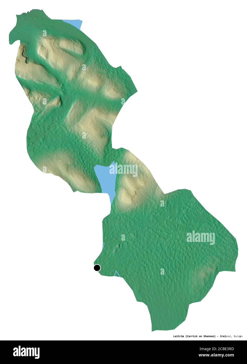 Shape of Leitrim, county of Ireland, with its capital isolated on white background. Topographic