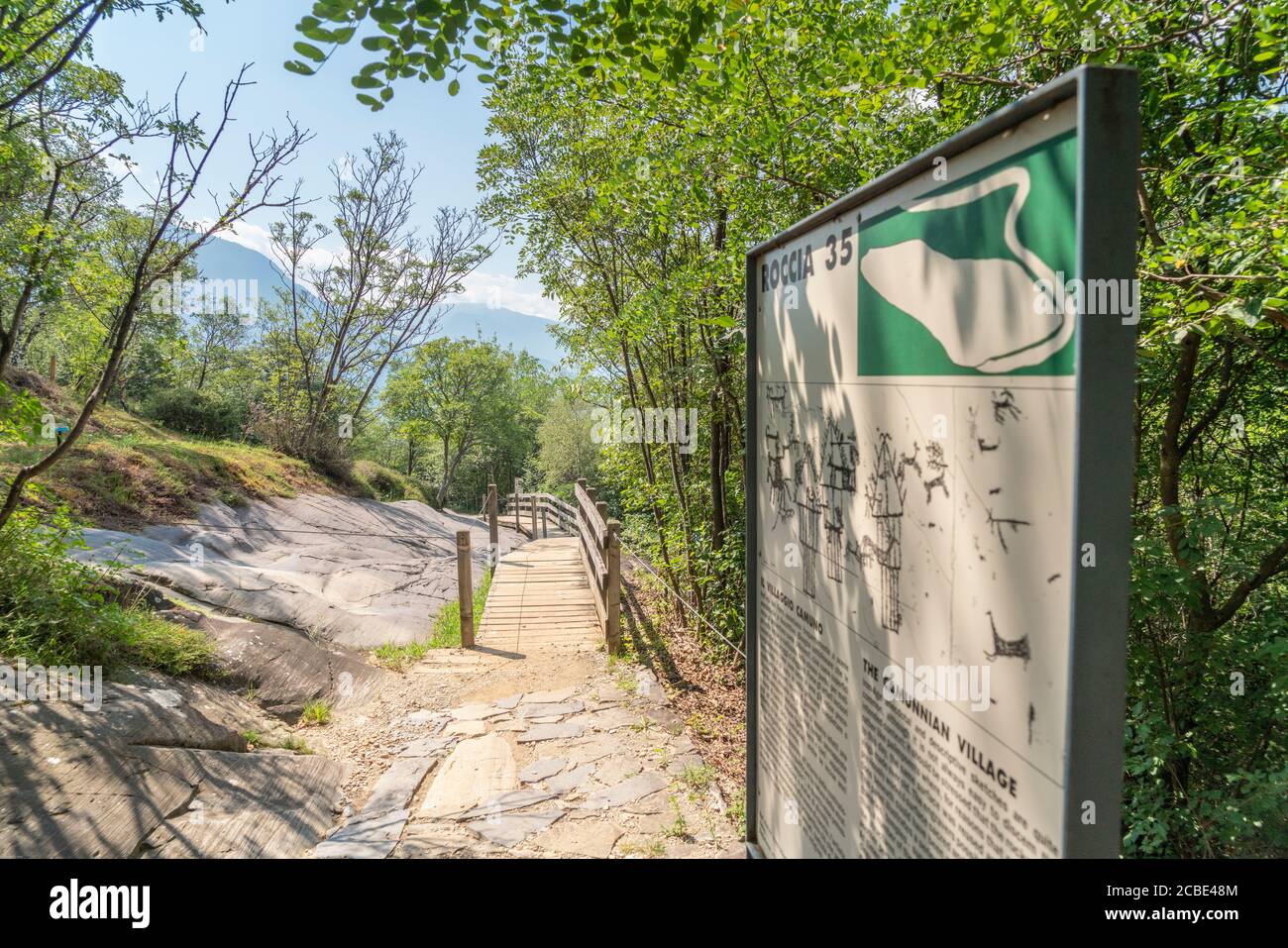 Information signboard along the path in Naquane National Park of Rupestrian Engravings, Valcamonica, Brescia, Lombardy, Italy Stock Photo
