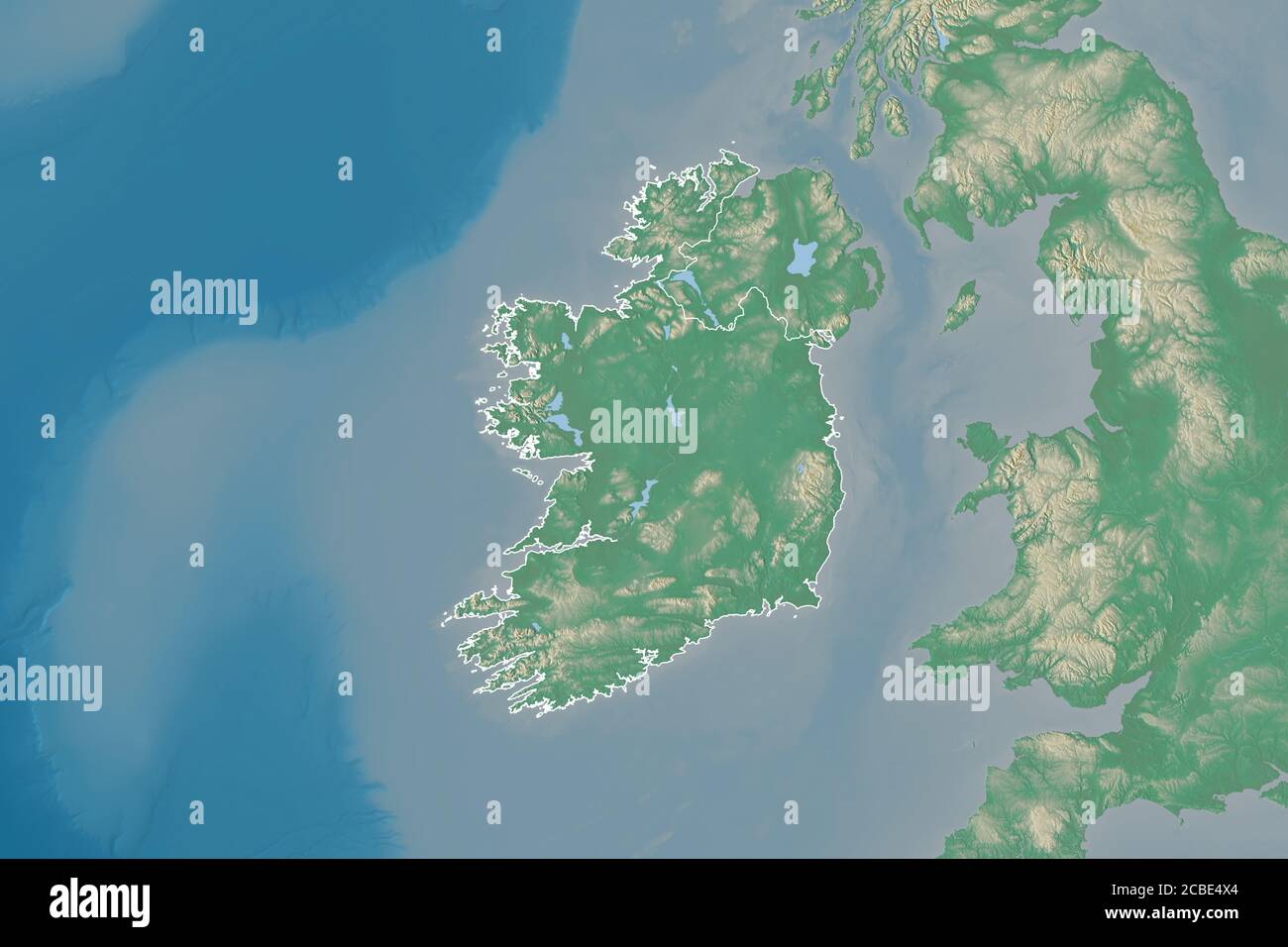 Extended area of outlined Ireland. Topographic relief map. 3D rendering
