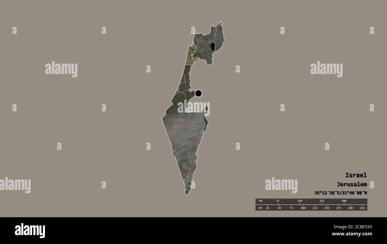 Desaturated shape of Israel with its capital, main regional division and the separated Haifa area. Labels. Satellite imagery. 3D rendering Stock Photo