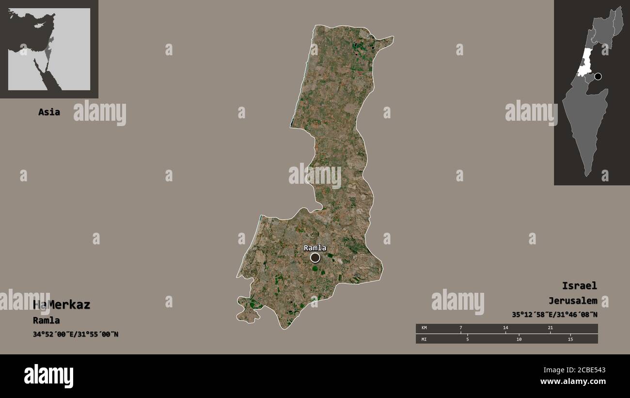 Shape of HaMerkaz, district of Israel, and its capital. Distance scale, previews and labels. Satellite imagery. 3D rendering Stock Photo