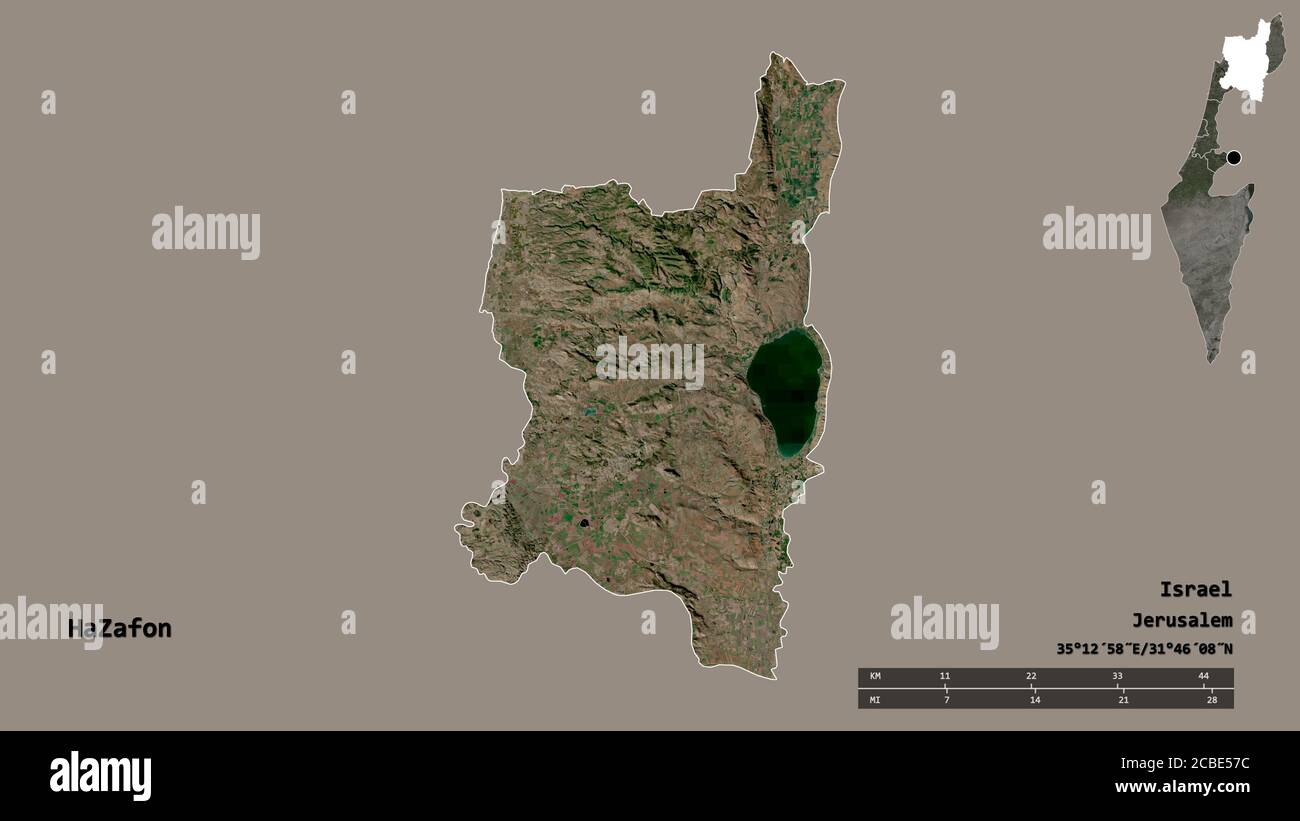 Shape of HaZafon, district of Israel, with its capital isolated on solid background. Distance scale, region preview and labels. Satellite imagery. 3D Stock Photo