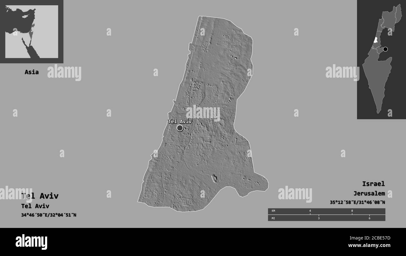 Shape of Tel Aviv, district of Israel, and its capital. Distance scale